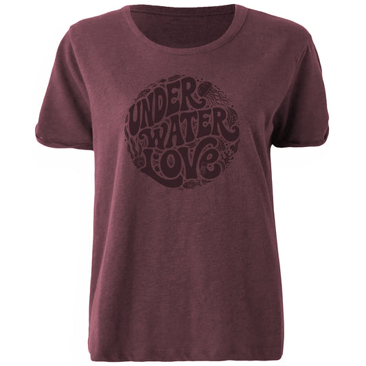Damen T-Shirt Bordeaux mit UNDER WATER LOVE Taucher Print