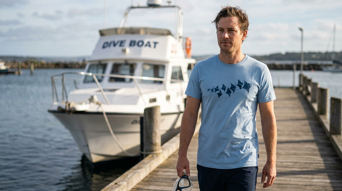 Mann trägt das Manta Rays T-Shirt in Airy Blue