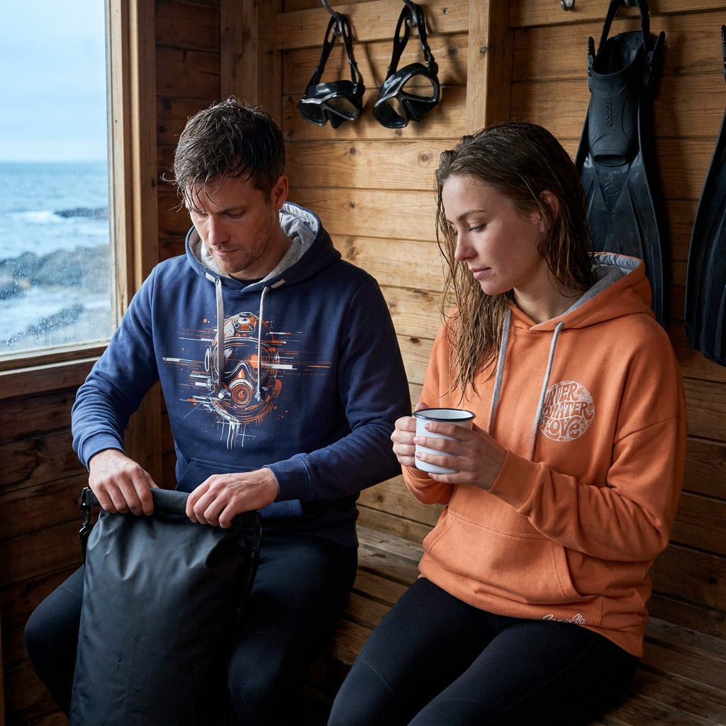 Eine Taucherin und ein Taucher sitzen nach dem Tauchgang in einer Holzhütte und tragen Under Water Love und Dive Helmet Hoodies.