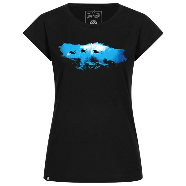 Slightly fitted ladies t-shirt in black with blue cave diver print