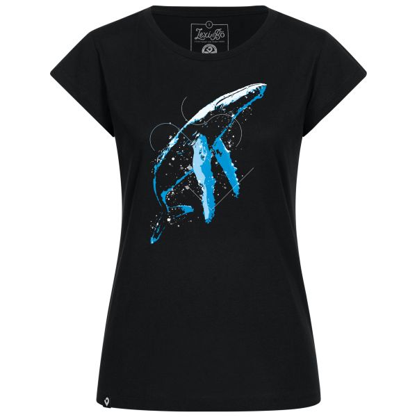 Leicht tailliertes Damen T-Shirt in schwarz mit blauem Buckelwal Print Design