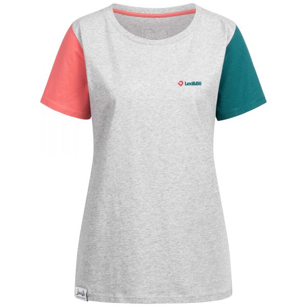 Leicht tailliertes, hellgraues T-Shirt für Damen mit grünem und rotem Ärmel und Logo-Print