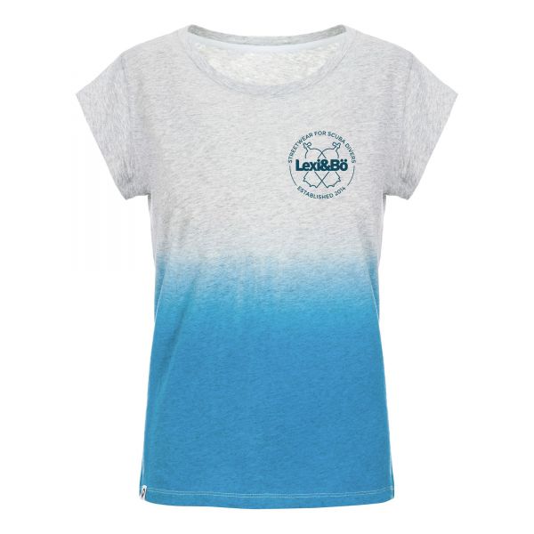 Ladies' Dip Dye Crew Neck T-Shirt with Grey Blue Gradient and Crossed Bottles Logo Print