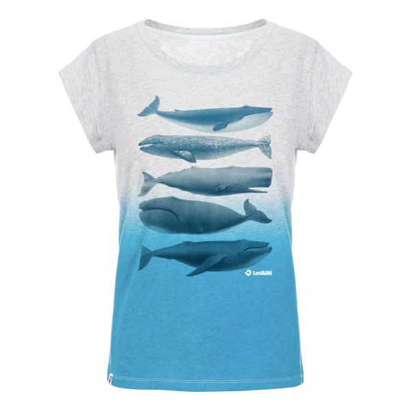 Damen T-Shirt mit Farbverlauf Grau-Melange - Hawaiian-Surf-Blue aus 100 % Bio-Baumwolle mit umweltfreundlichem Wal-Motiv-Druck