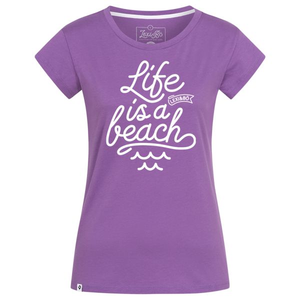 Buntes, leicht tailliertes T-Shirt für Damen mit kurzen Ärmeln und Statement-Print Life is a beach.