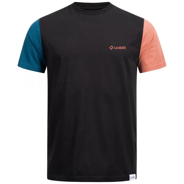 Black T-shirt for men with logo print and colourful sleeves in rose and blue