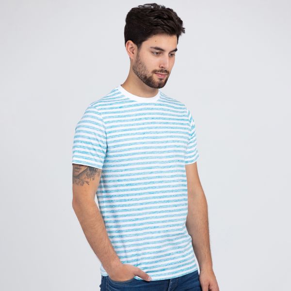 White T-shirt for men with turquoise-blue Inside Out stripe print