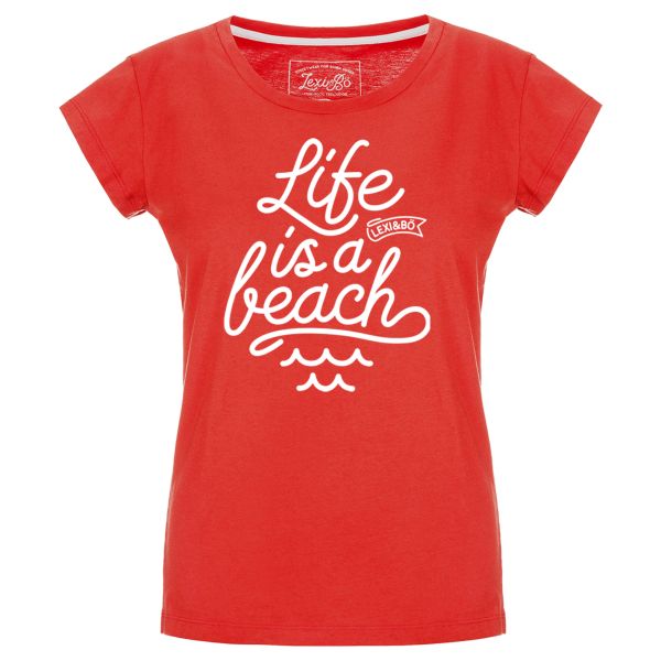 Buntes, leicht tailliertes T-Shirt für Damen mit kurzen Ärmeln und Statement-Print Life is a beach.