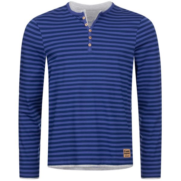 Men's blue striped longsleeve with buttoned henley neckline and layer details