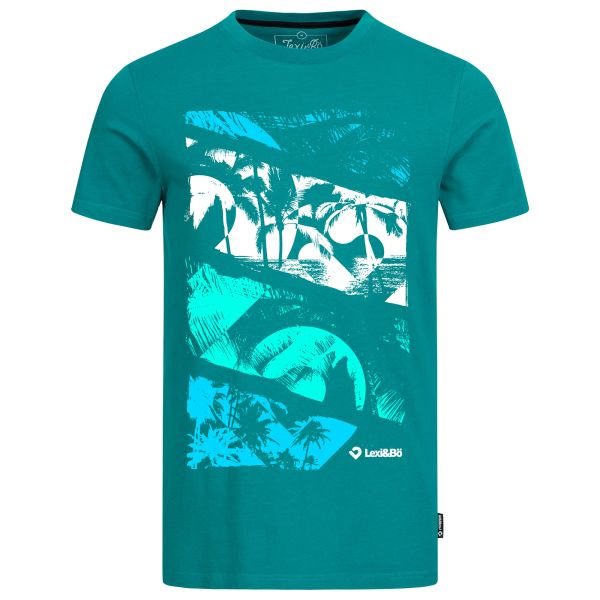 At the beach t-shirt men in turquoise green with large palm tree print 