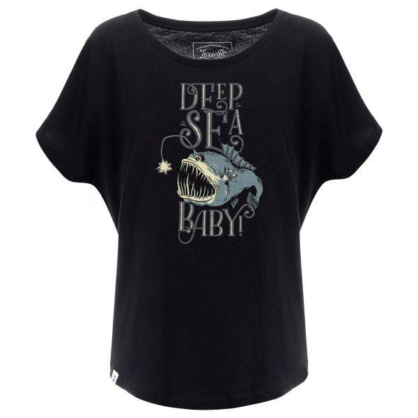 Black oversized t-shirt for women with print "Deep Sea Baby!" and deep sea frogfish design