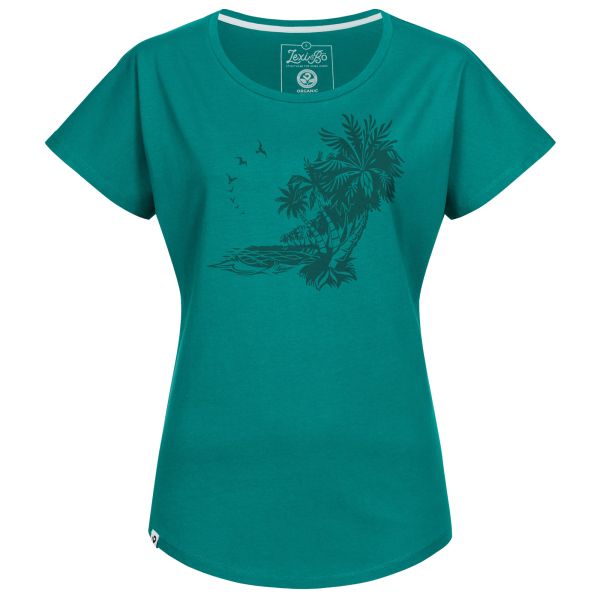 Grünes oversized T-Shirt für Damen mit Traumstrand-Motiv-Druck
