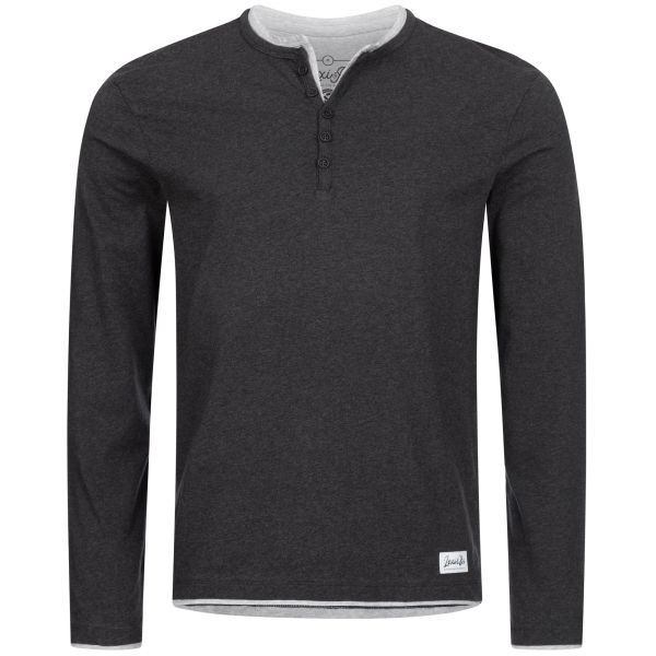 Men's dark grey jersey longsleeve with buttoned henley neckline and layer details