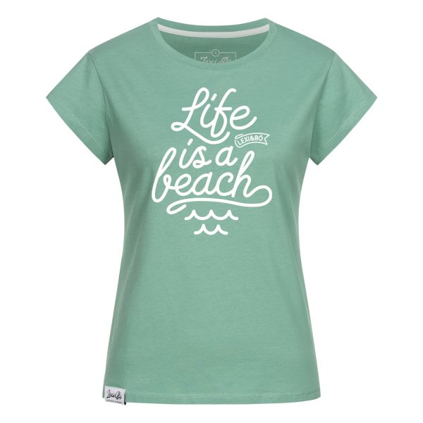 Colourful, slightly fitted T-shirt for women with short sleeves and statement print Life is a beach.
