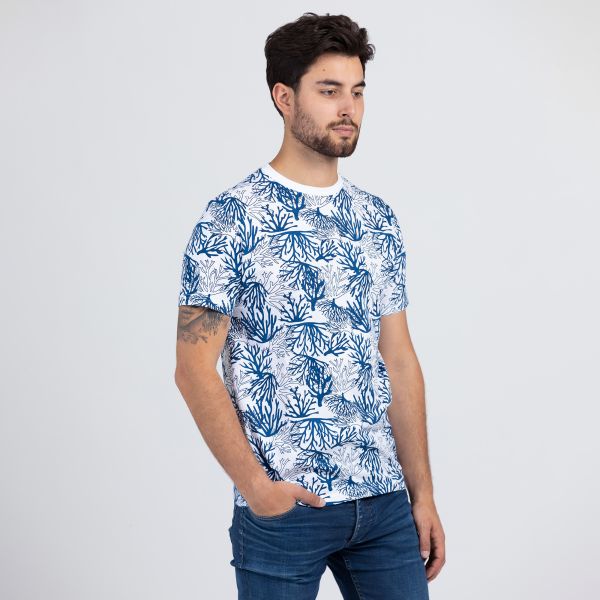 Men's White T-Shirt with Blue Coral Allover Print