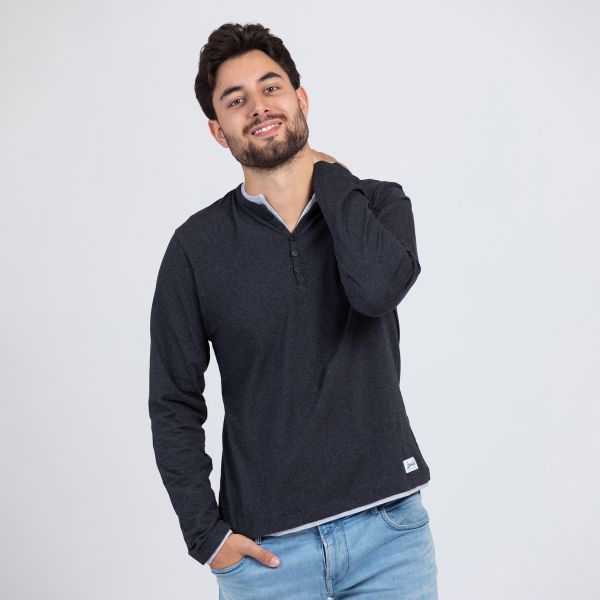 Men's dark grey jersey longsleeve with buttoned henley neckline and layer details