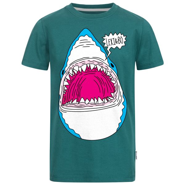 Shark Head Kids-T-Shirt aus Bio-Baumwolle mit großem Comic-Hai-Print in der Farbe Atlantic Deep
