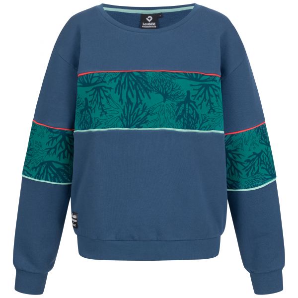 Blauer Pullover für Damen mit Korallen-Akzent-Streifen und elastischen Rip-Abschlüssen an Bund und Armen