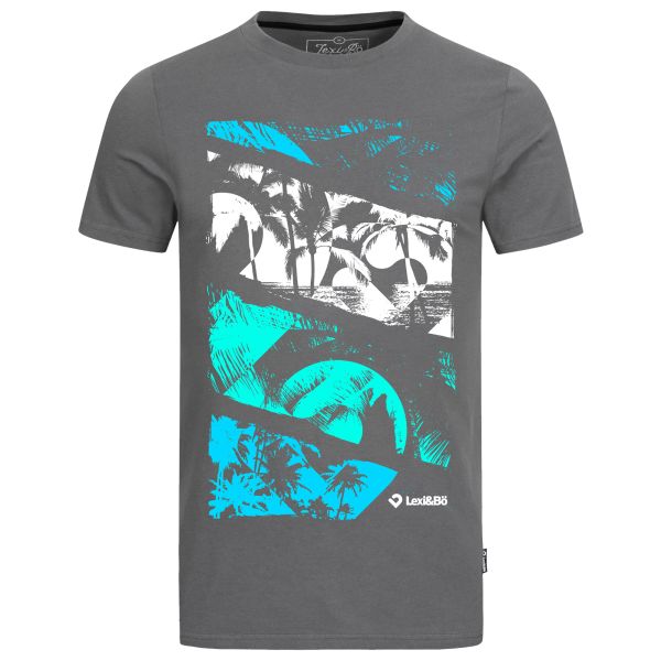 At the beach t-shirt men in dark grey with large palm tree print 